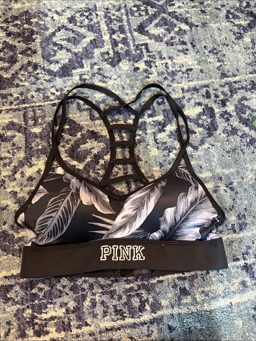 PINK Victoria's Secret Black Feather-Print Strappy Sports Bra with Ladder Back
